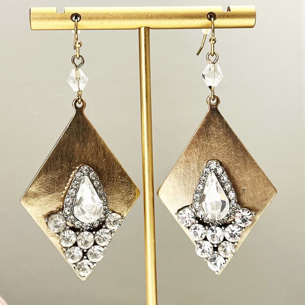 Gold tone & Rhinestone Cluster Diamond Shaped Drop Statement Earrings